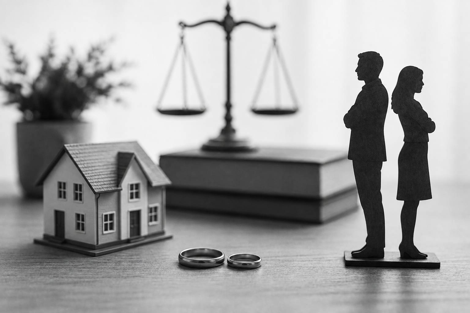 Black-and-white scene symbolizing legal separation, with wedding rings, a divided couple, a house, and balanced legal scales.