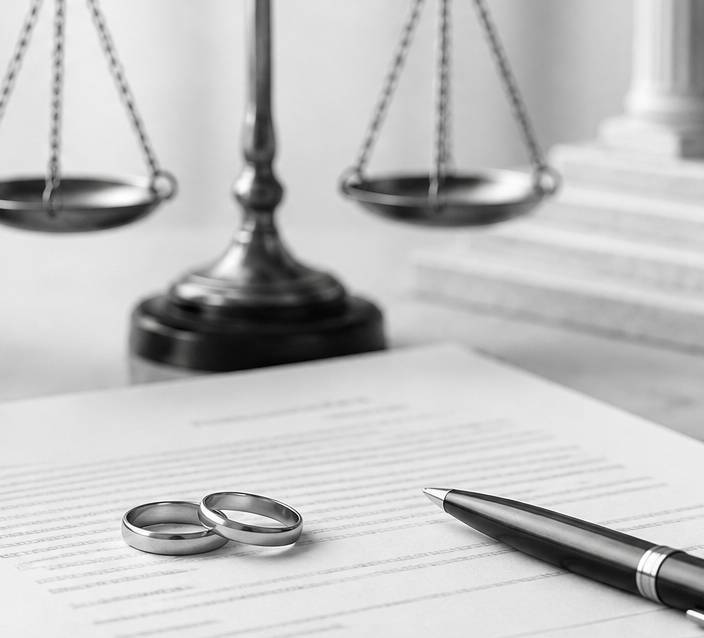 Wedding rings on a legal document with a scale and pen in the background.