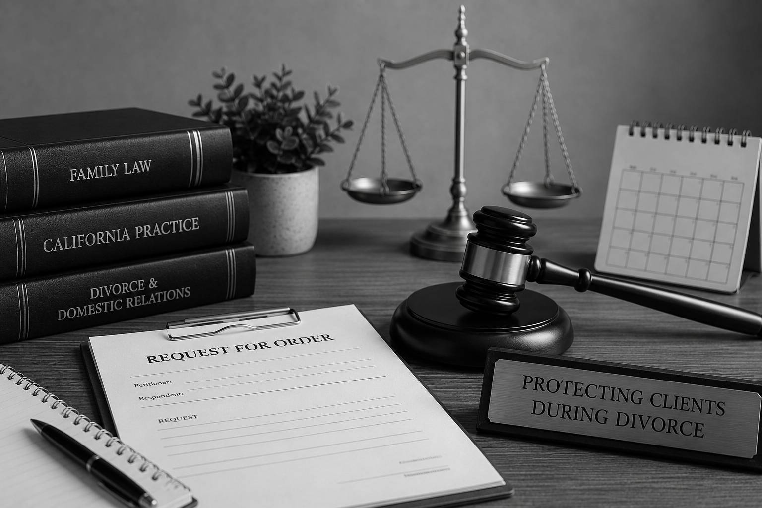 Black and white family law office scene with a Request for Order document, gavel, justice scales, legal books, and calendar symbolizing temporary orders during divorce.