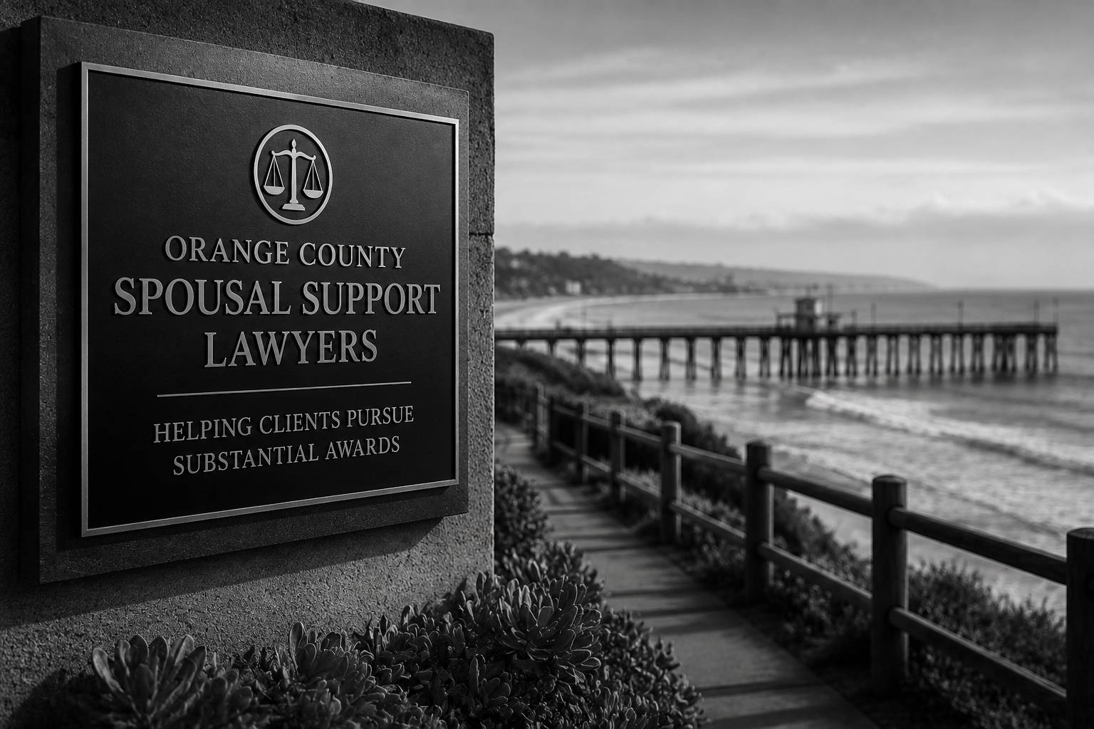 Black and white coastal scene representing Orange County spousal support attorneys and alimony representation