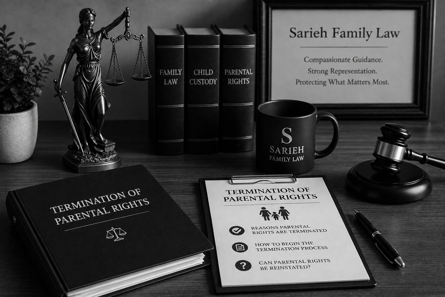 Black and white family law office scene with Lady Justice, legal books, gavel, and legal documents representing termination of parental rights in California.
