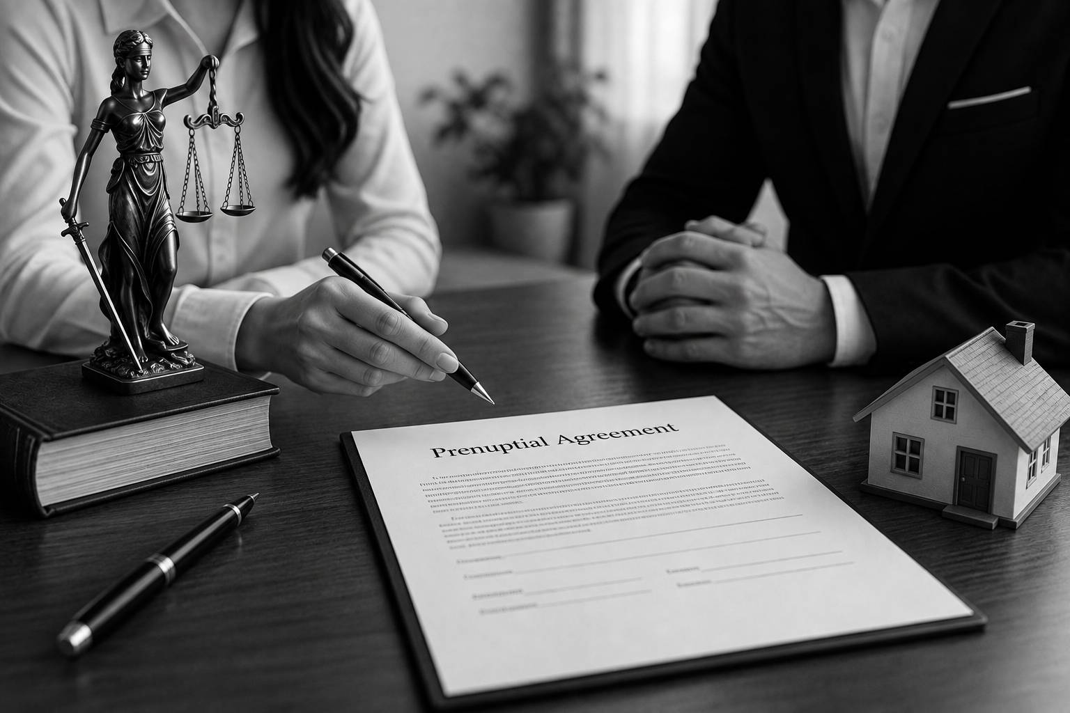 Black-and-white image of a couple reviewing a prenuptial agreement with a pen, Lady Justice statue, law book, and house model on a desk.