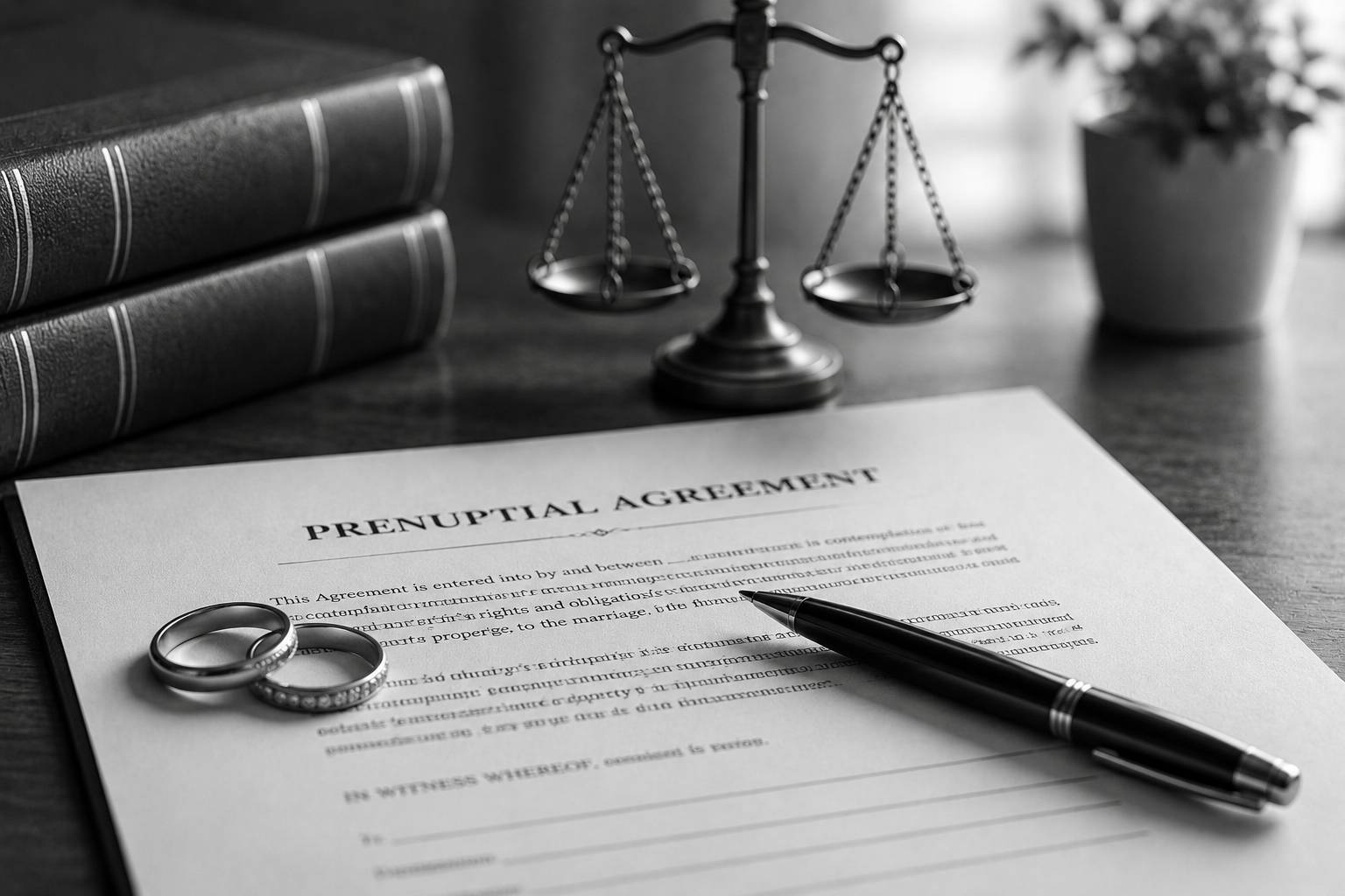 Black-and-white still life featuring wedding rings and a pen on a prenuptial agreement document, with law books and balanced scales of justice in the background.