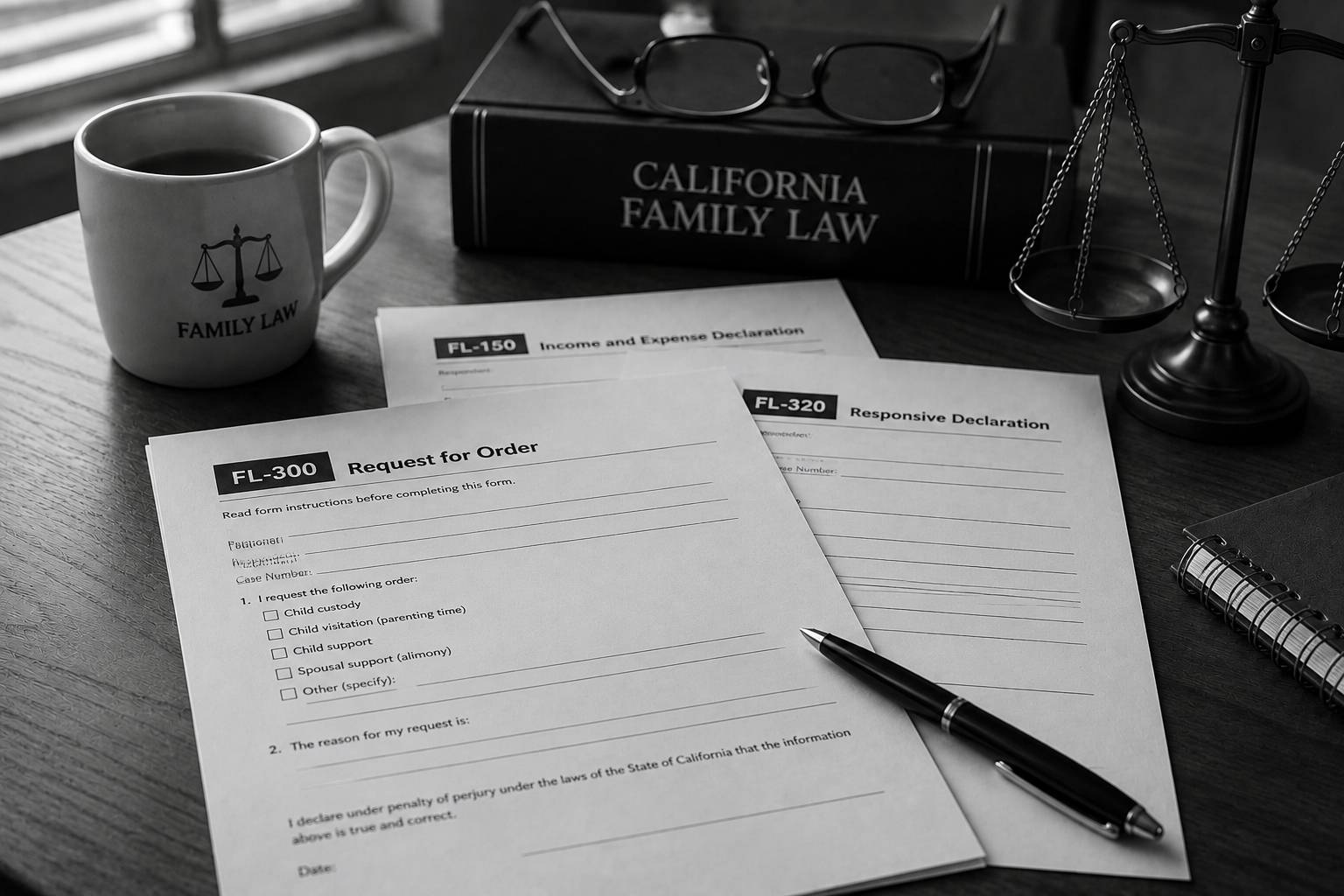 Black and white legal workspace representing the California family court Request for Order process and supporting documents