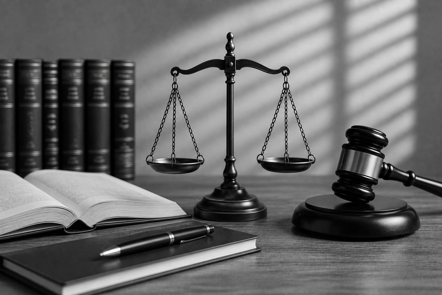 Black and white legal still life featuring balanced justice scales, a gavel, open law book, and legal volumes representing parental rights and judicial decision-making.