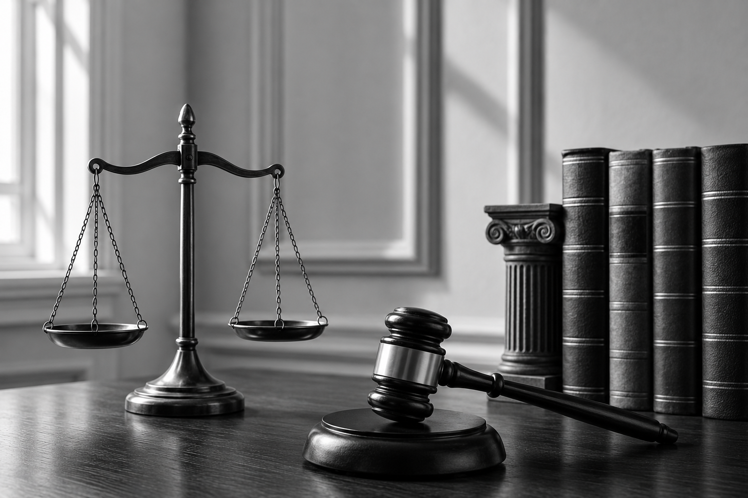 Balance scales, judge's gavel, and law books on a wooden desk in a formal office setting.