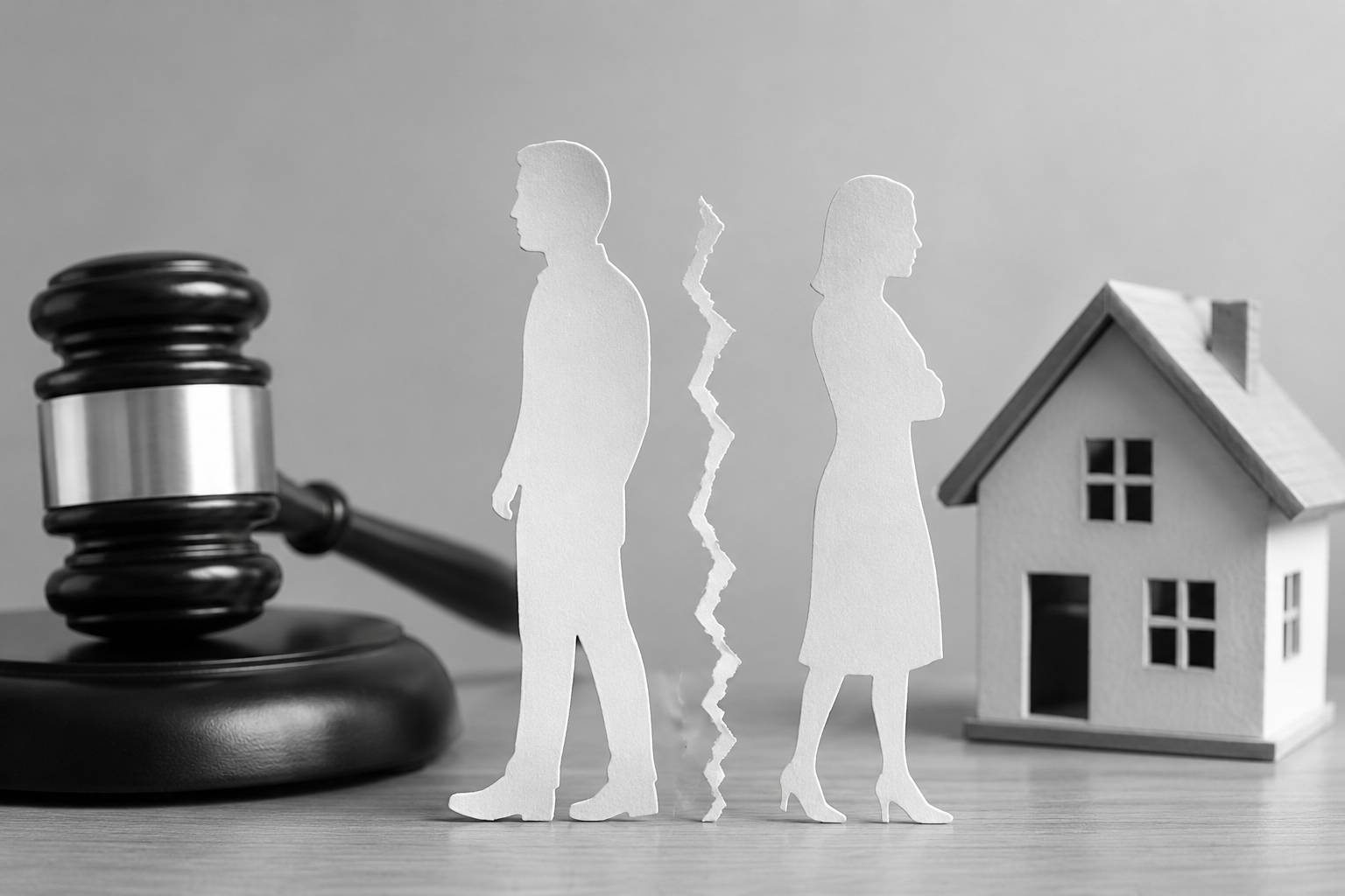 Black and white illustration symbolizing different types of California divorce with separated spouses, a judge’s gavel, and a family home.