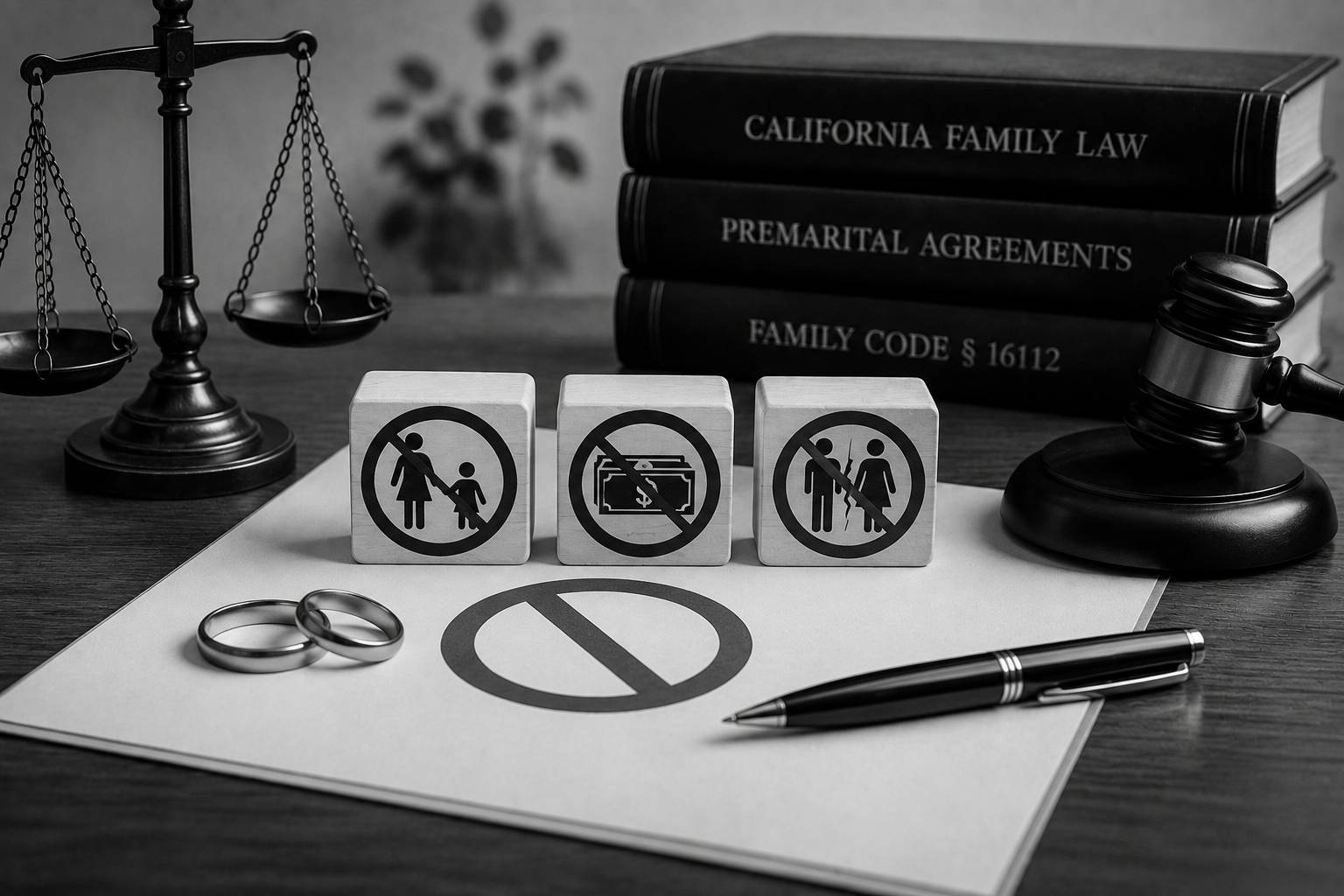 Black-and-white legal still life showing wedding rings, justice scales, a gavel, and symbols representing the legal limits of a prenuptial agreement.
