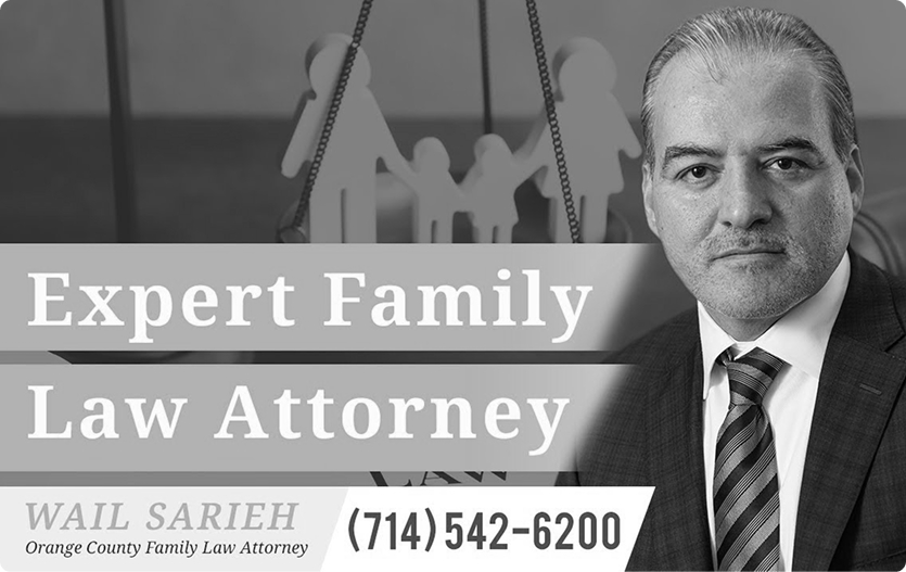 Serious man in suit and striped tie with a blurred family figure and scales of justice background.